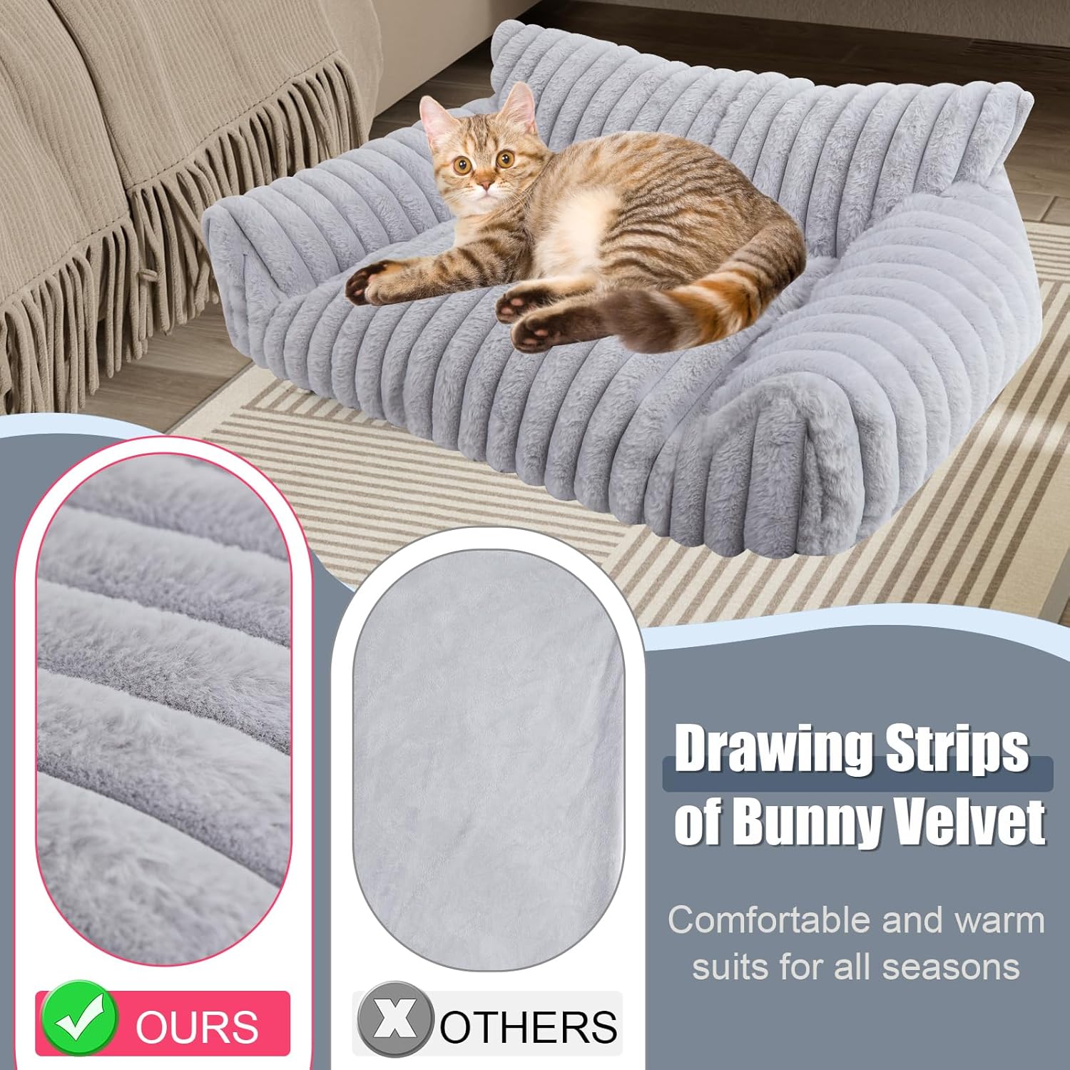 Cute Cat Couch Bed for Indoor Cats, Fluffy Pet Cat Sofa with Premium Soft Corduroy Fleece, Cute Small Dog Beds for Small Dogs, Fuzzy Puppy Chair with Removable Washable Cover (30x20x10,Grey) - Happypetzone.online - Image 4