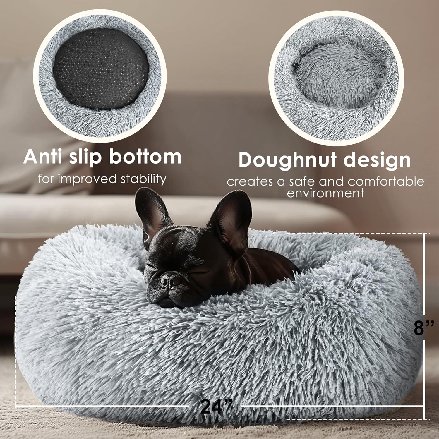Dogs Bed for Small Dogs, Anti-Anxiety Washable Round Bed (Light Grey, 24.0" L x 24.0" W x 8.0" Th) - Happypetzone.online - Image 3