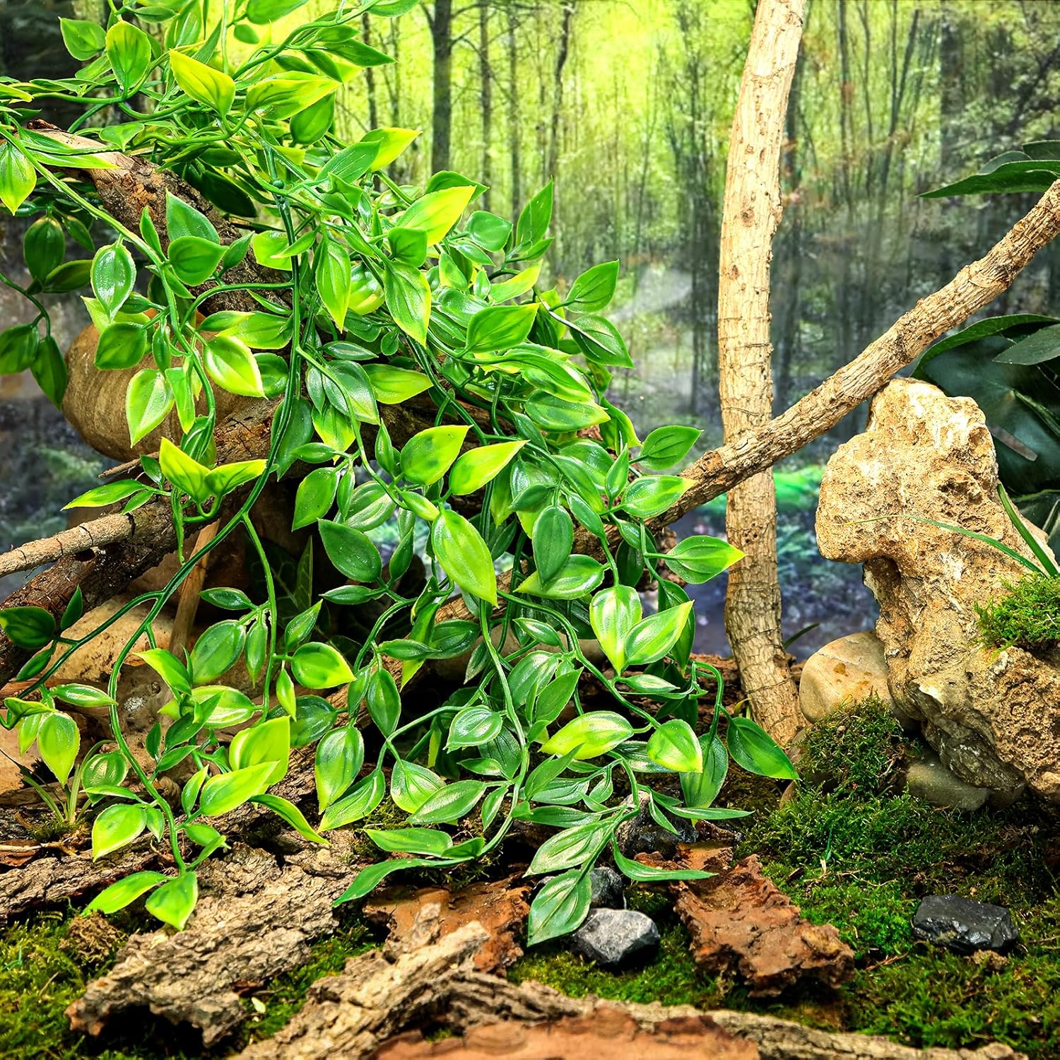 HERCOCCI Reptile Plants, 2 Pack Terrarium Hanging Plants Vines Artificial Leaves Habitat Decorations with Suction Cup for Bearded Dragon Hermit Crab Lizard Snake Geckos Chameleon - Happypetzone.online - Image 3