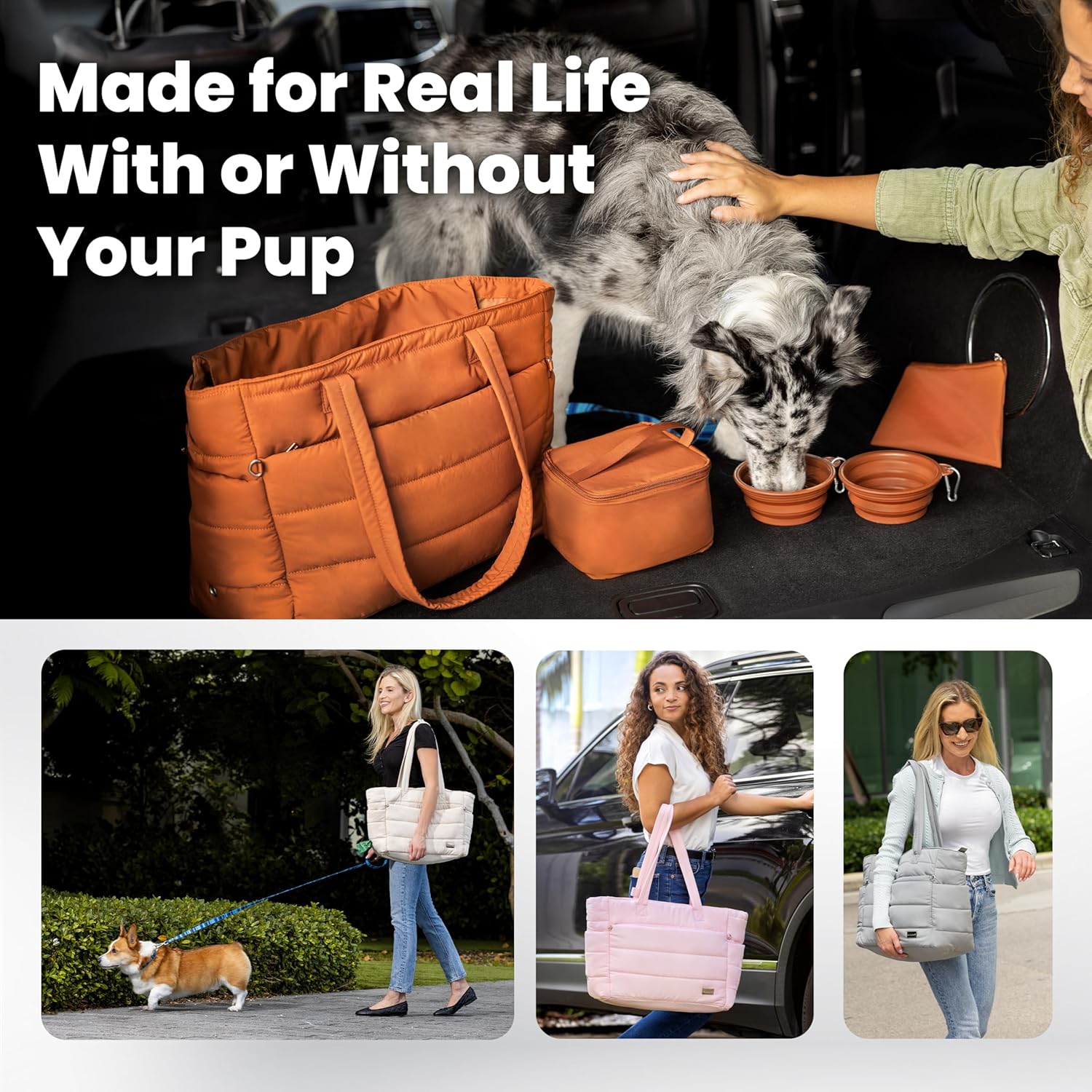 rubyloo Puffer Dog Travel Bag for Dog Moms – Doggy Diaper Bag with Pet Bowls & Food Storage or Everyday Puffy Tote – Doggy Mom Gifts for Women – Lightweight, Travel-Ready Gift for Pet Lovers – Beige - Happypetzone.online - Image 5