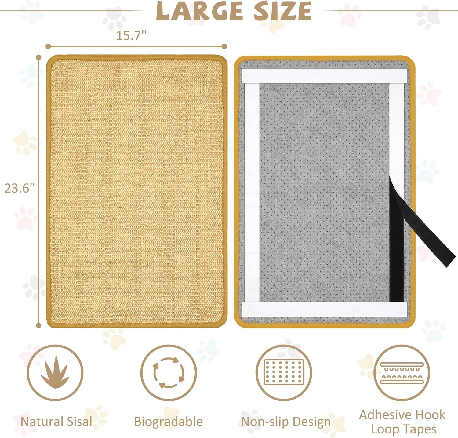 Graciadeco Carpet Cat Scratching Mat Sisal, 2 Packs Sisal Fabric Large 23.6" x 15.7" Scratching Pad for Indoor Cats with Adhesive Hook Loop Tape, Cat Scratching Rug Wall Scratchers for Indoor - Happypetzone.online - Image 2