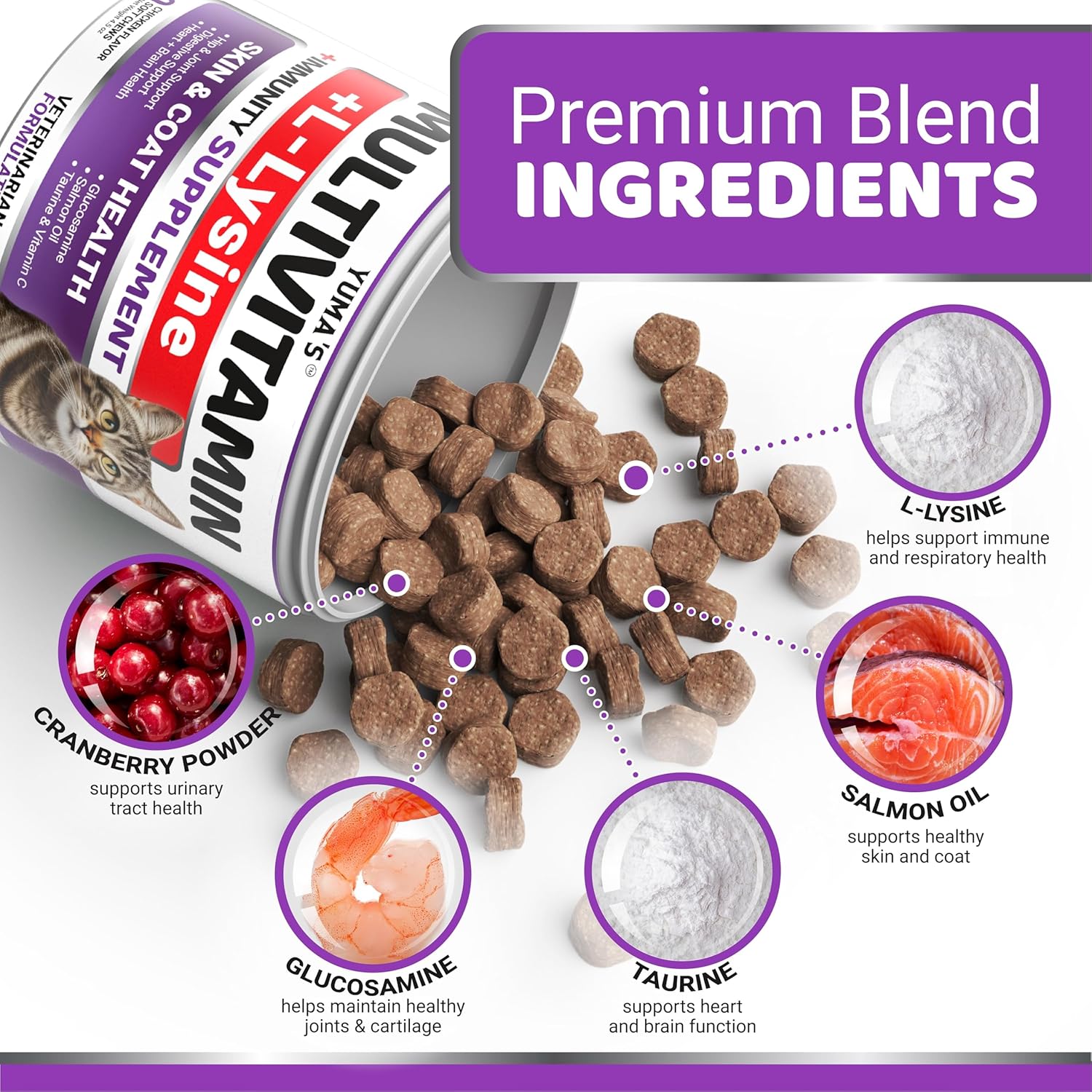 Cat Multivitamin Chews - Cat Vitamins and Supplements - Taurine & Lysine for Cats - Omega-3, Glucosamine, Cranberry - Skin & Coat, Hip & Joint Support - Immune Health, Skin, Heart, Digestion - Happypetzone.online - Image 3