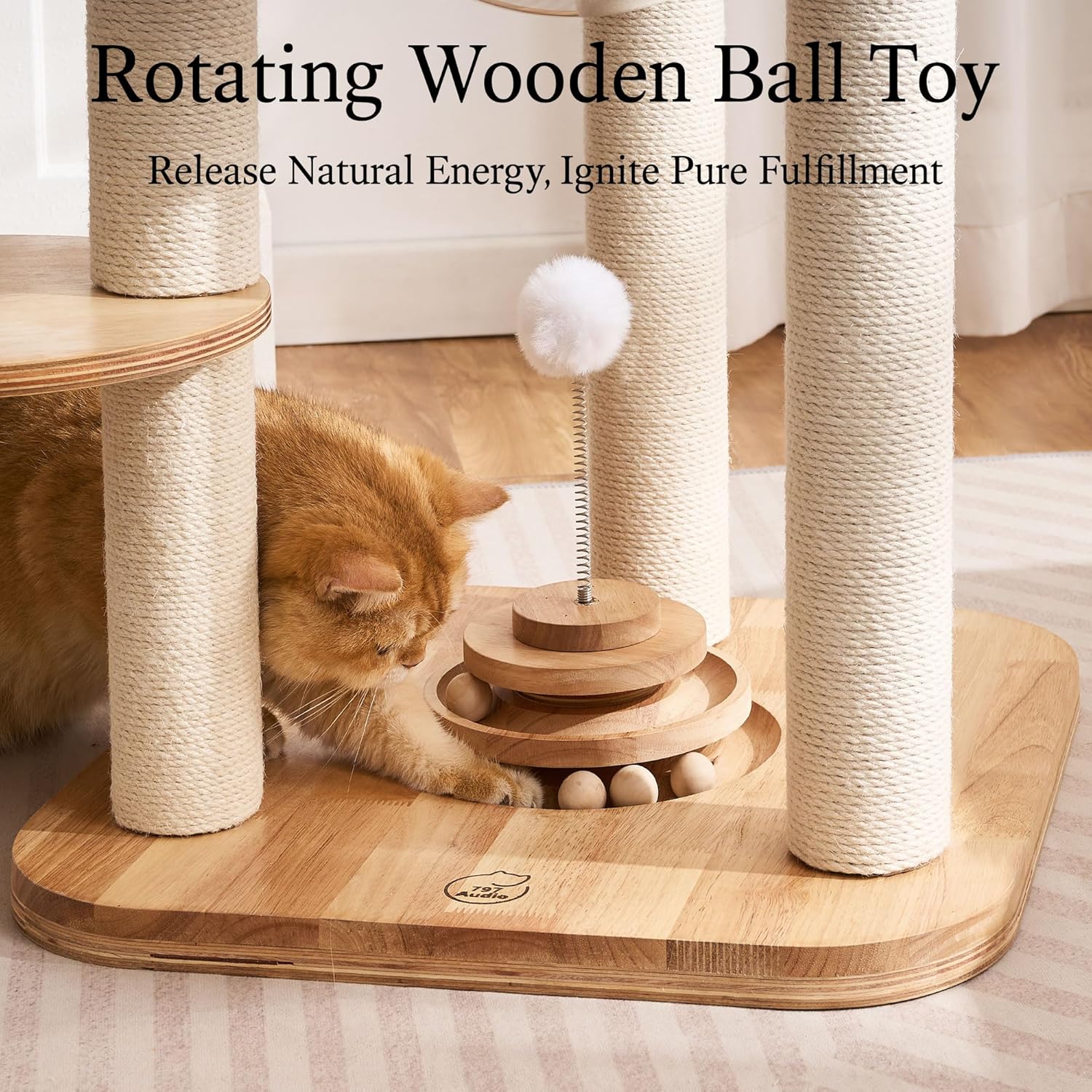 797Audio Modern Solid Wood Cat Tree Tower, 49" Tall Cat Tree with Sisal Scratching Posts and Capsule for Adult Cats, Natural Oak Wooden Cat Tower,Aesthetic Multi-Level Cat Climbing Tree for Indoor Cat - Happypetzone.online - Image 5