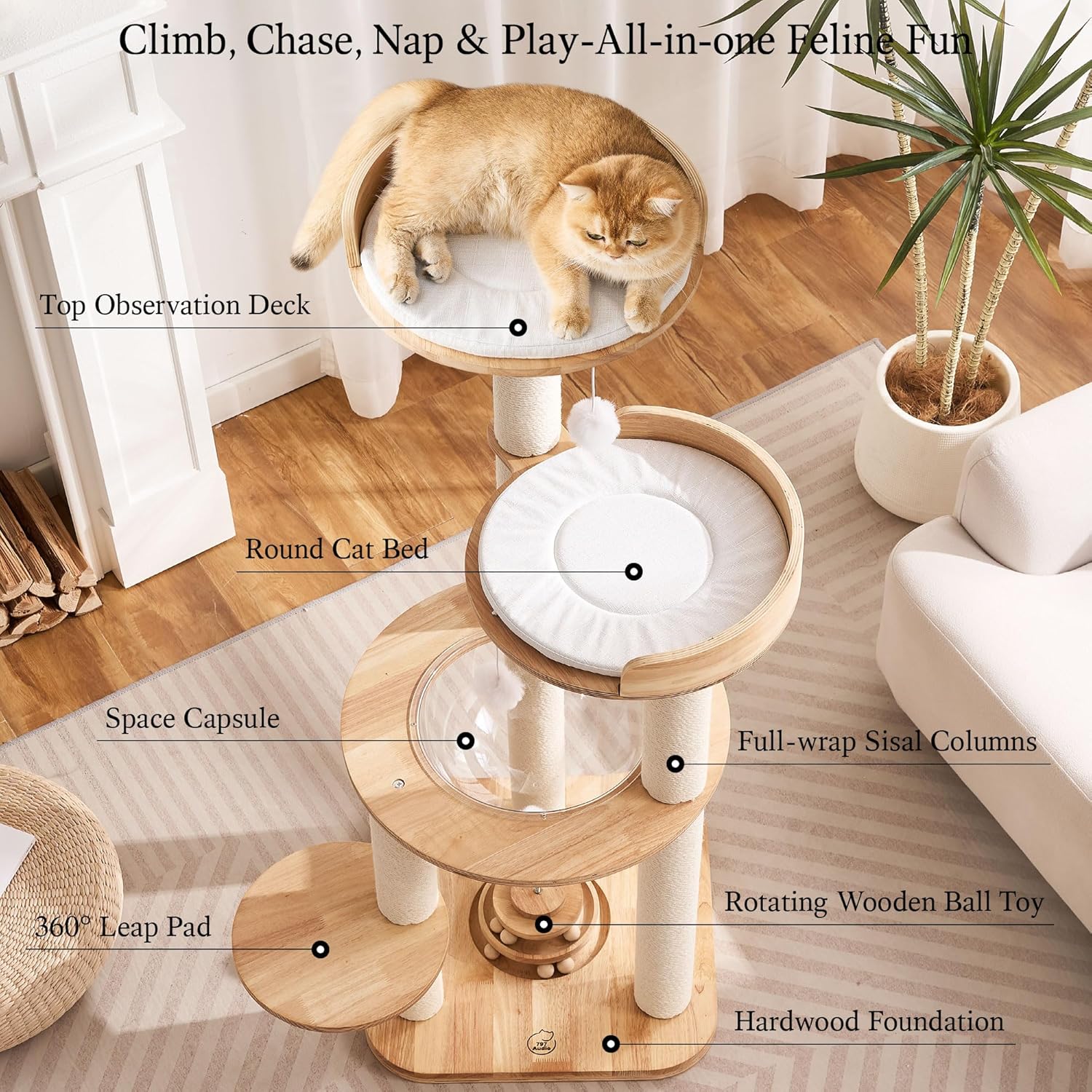 797Audio Modern Solid Wood Cat Tree Tower, 49" Tall Cat Tree with Sisal Scratching Posts and Capsule for Adult Cats, Natural Oak Wooden Cat Tower,Aesthetic Multi-Level Cat Climbing Tree for Indoor Cat - Happypetzone.online - Image 3