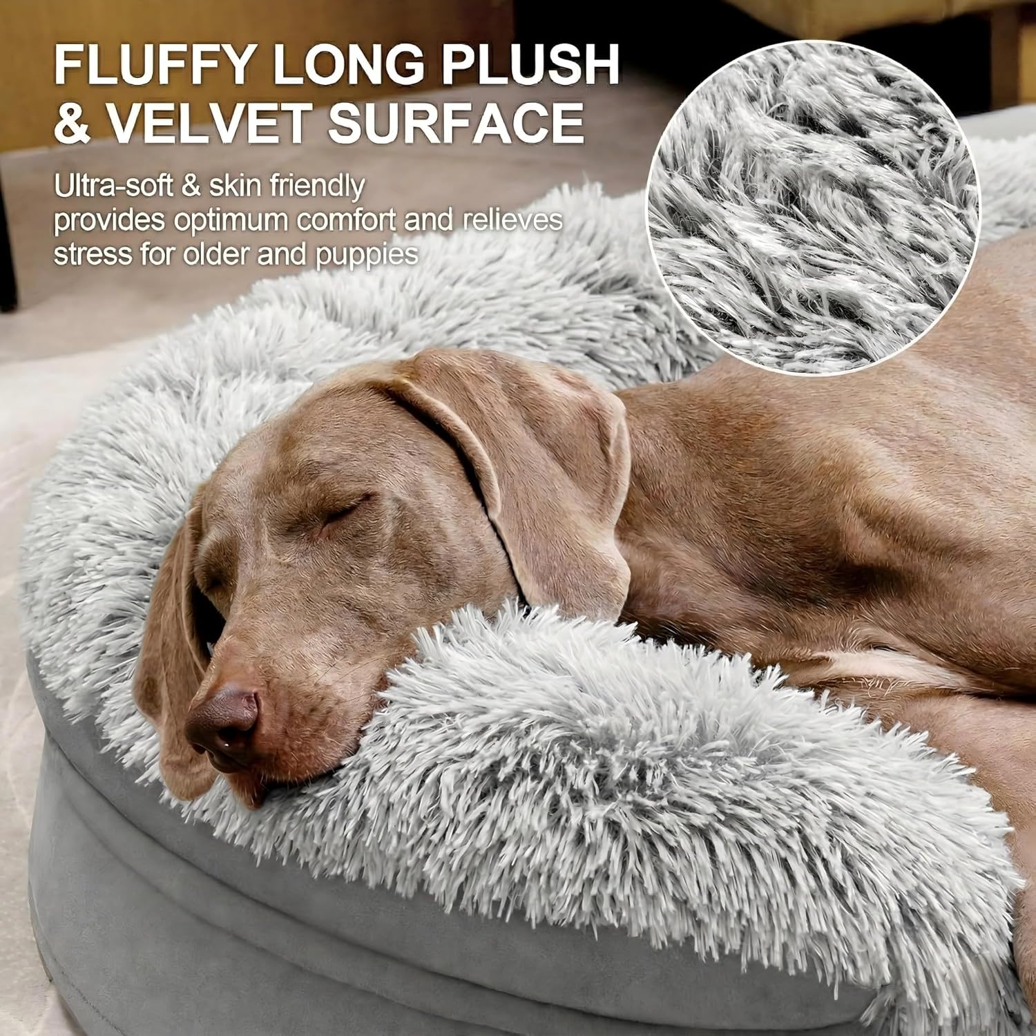 iweepet 3.7 inch Thickened Orthopedic Dog Beds for Extra Large Dogs, Fluffy Supportive Dog Sofa Bed with 28D Egg-Crate Foam, Removable Washable Cover, Waterproof Lining, Cozy Oval Design,Grey - Happypetzone.online - Image 2