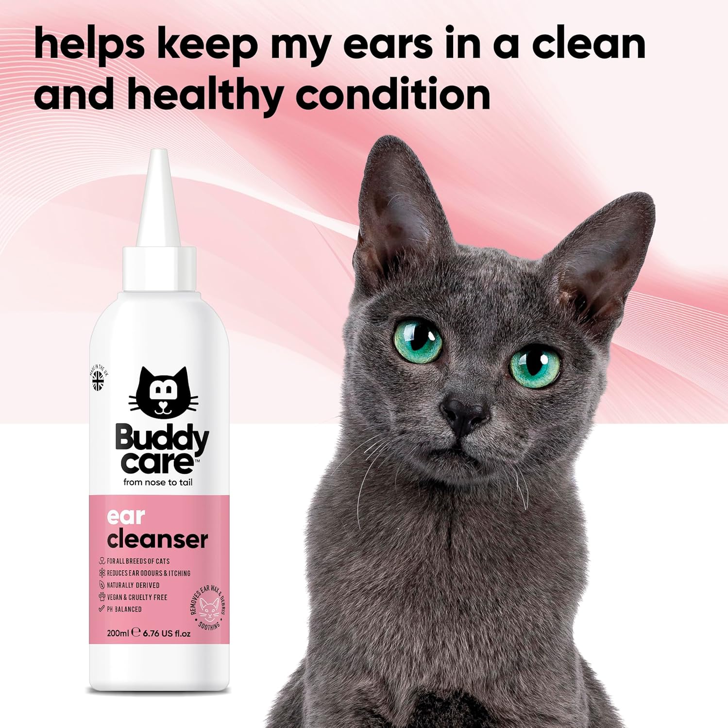 Cat Ear Cleanser by Buddycare | Soothing Ear Cleaning Solution for Cats with Easy-To-Use Applicator | Naturally Derived Ingredients With Aloe (200ml) Remove Dirt & Excess Moisture from your Cat's Ears - Happypetzone.online - Image 2